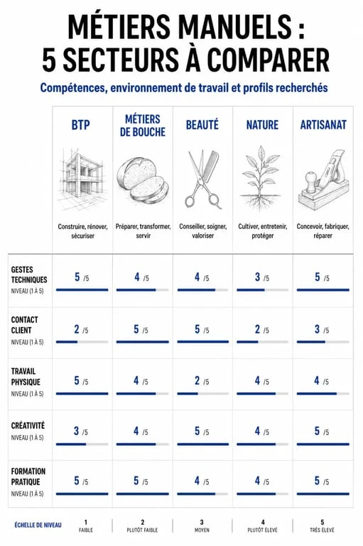 Comparatif des secteurs des métiers manuels pour l'orientation professionnelle