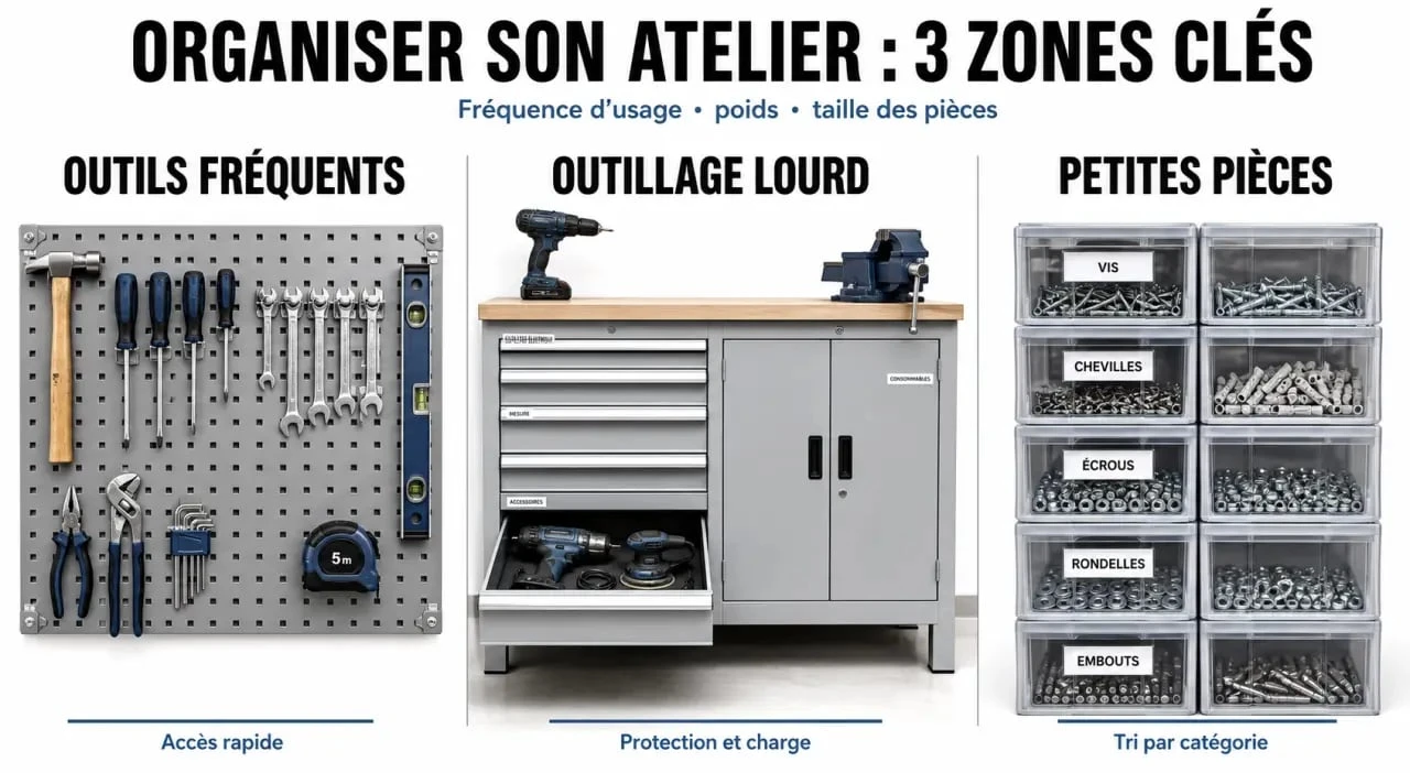 Rangement atelier organisé avec mur perforé, meuble fermé et bacs modulaires