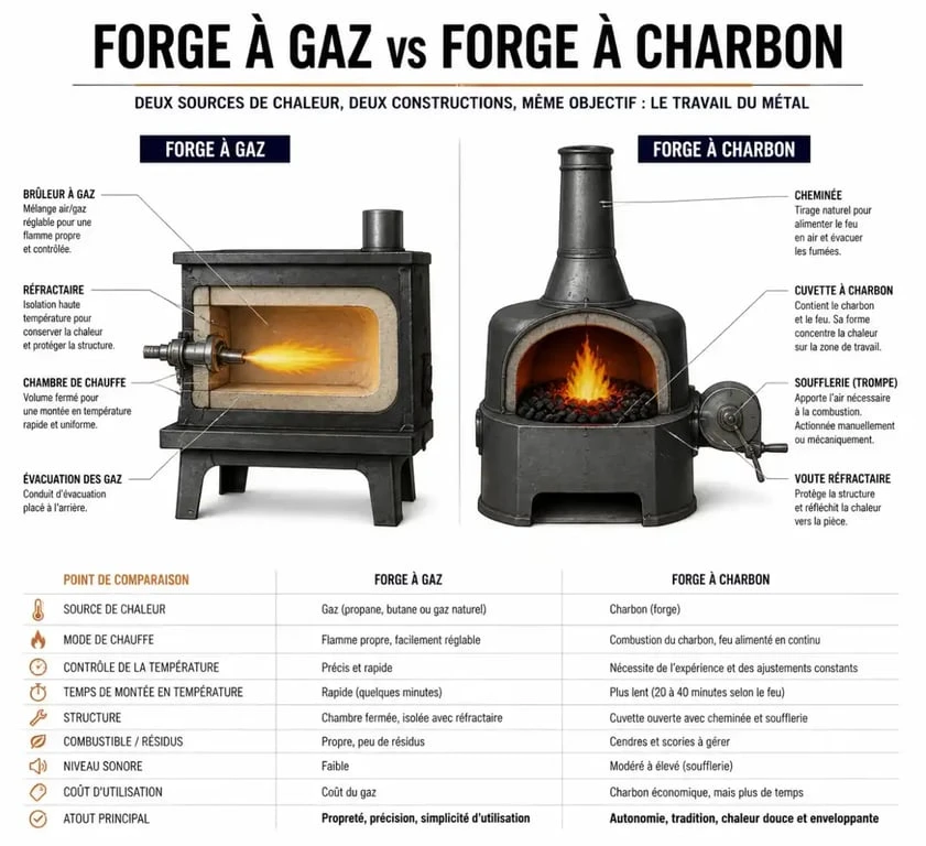 Comparaison technique entre une forge d'atelier à gaz et une forge à charbon pour ferronnerie