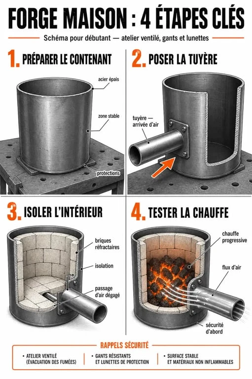 Forge maison : étapes de montage avec tuyère, isolation réfractaire et flux d’air