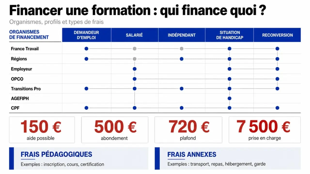 Organisme de financement pour formation : schéma visuel des financeurs selon le profil et les aides possibles