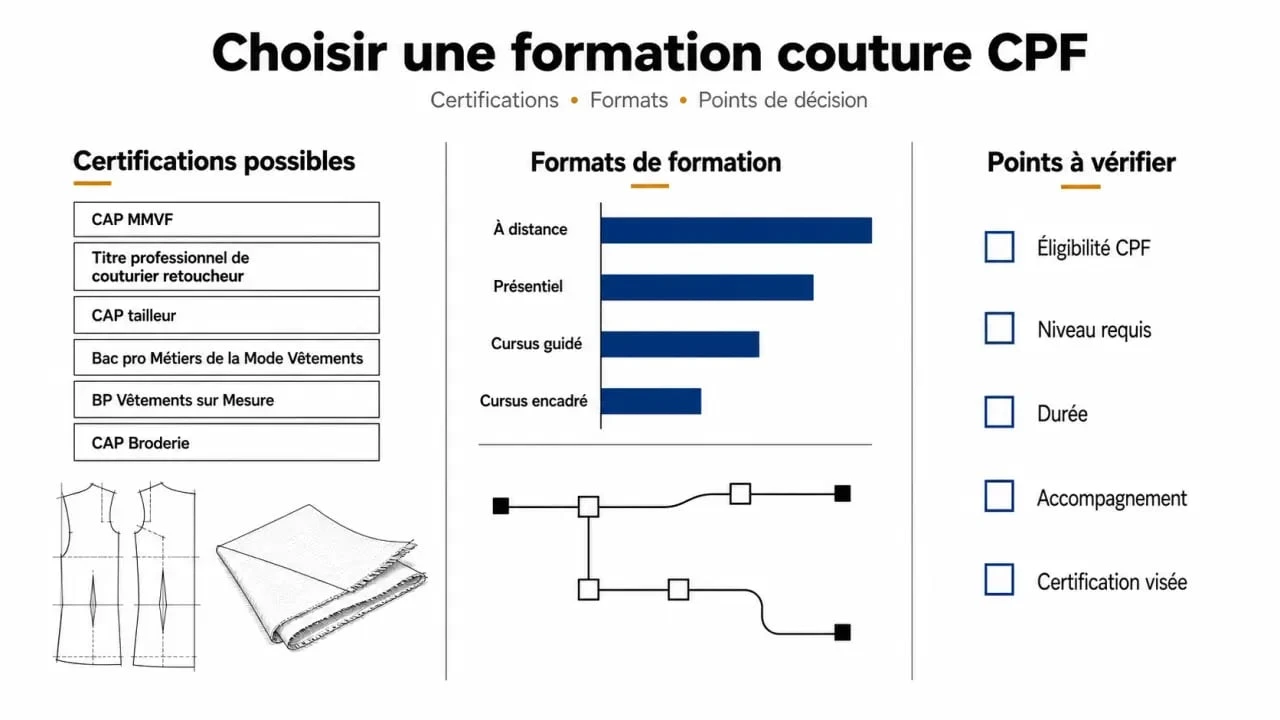 Infographie éditoriale sur la formation couture CPF : certifications, formats et critères de choix