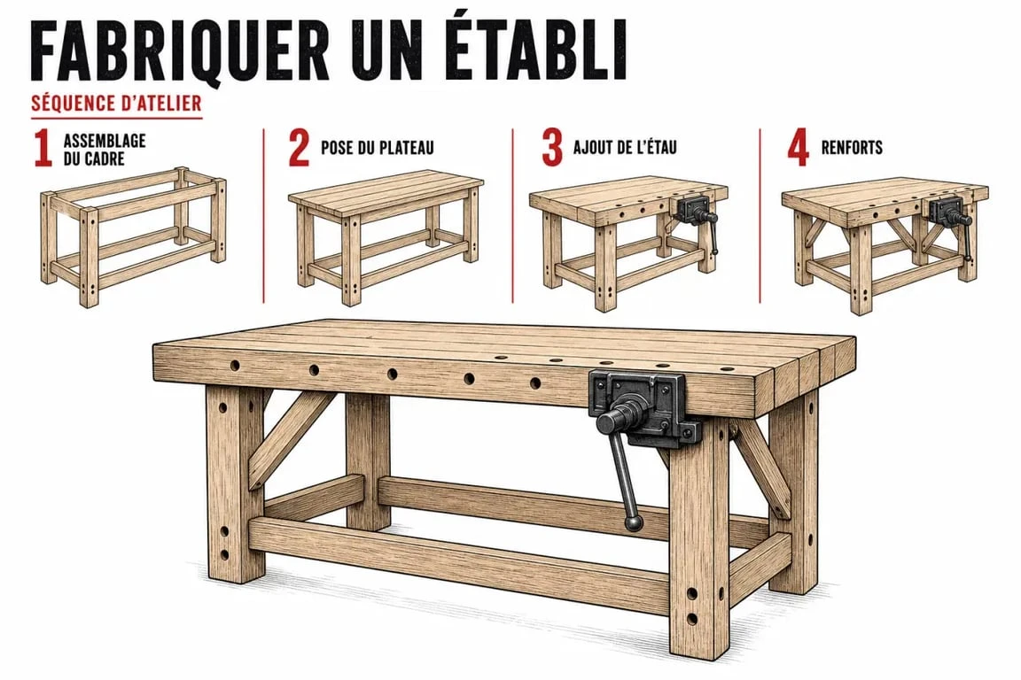 Établie en bois plan montrant un établi en bois en cours de fabrication dans un atelier