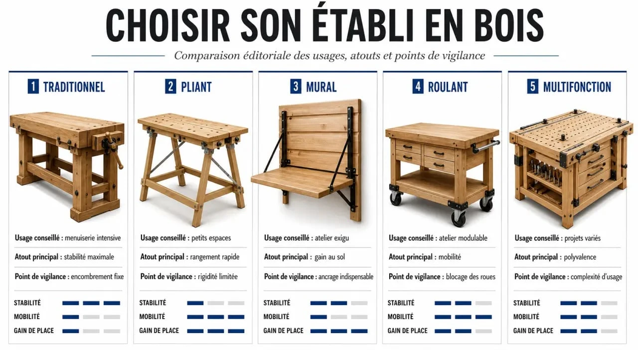 Établie en bois plan comparant les types d’établi en bois et leurs usages