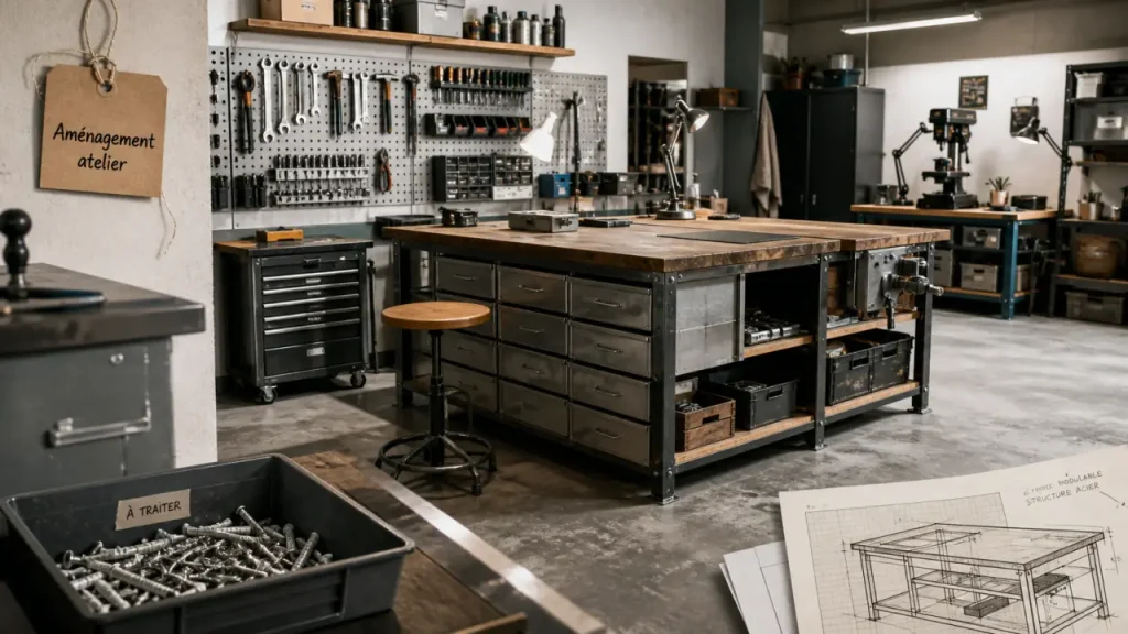 Aménagement atelier : établi central, rangements visibles et circulation libre