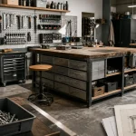 Aménagement atelier : établi central, rangements visibles et circulation libre
