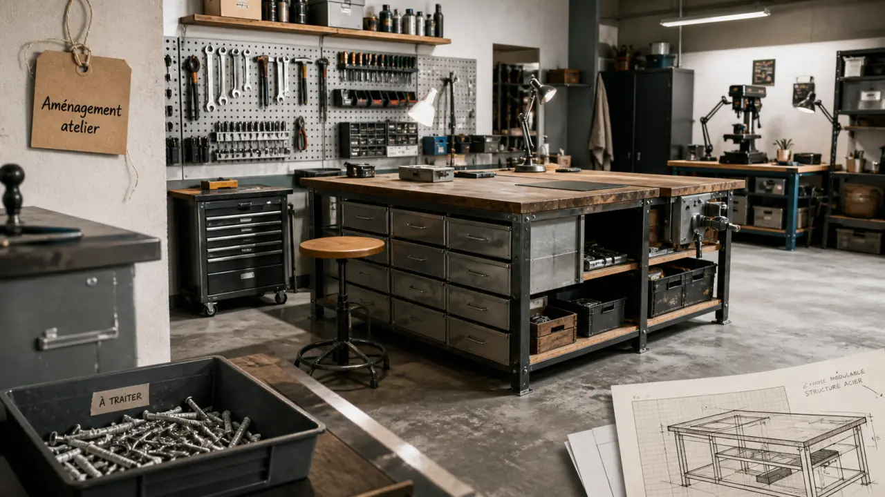 Aménagement atelier : établi central, rangements visibles et circulation libre