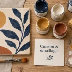 Céramique à peindre : tuile biscuit peinte et pots de peinture