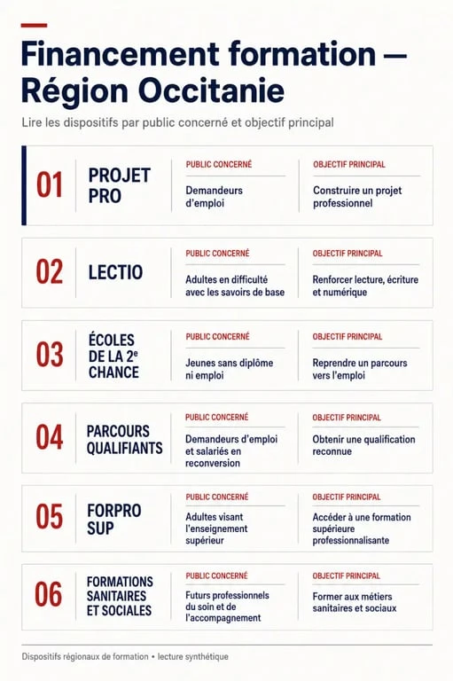 Financement formation région occitanie : visualisation des principaux dispositifs par public et objectif