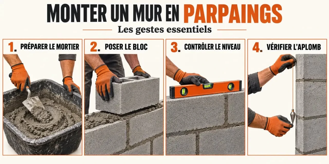 Cours maçonnerie coursdubricoleur : apprentissage des gestes pour monter un petit mur en parpaing