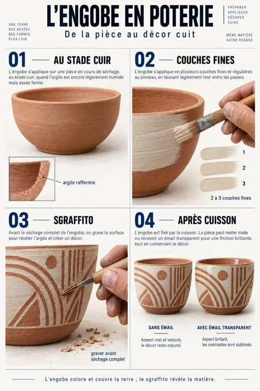 Étapes d’application de l’engobe poterie au stade cuir, sgraffito et résultat après cuisson