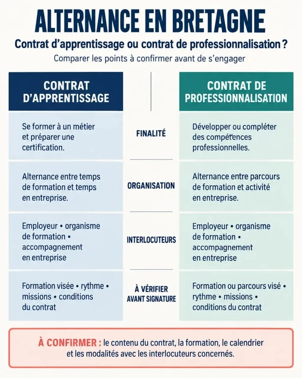 Infographie sur l’alternance en Bretagne comparant apprentissage et professionnalisation