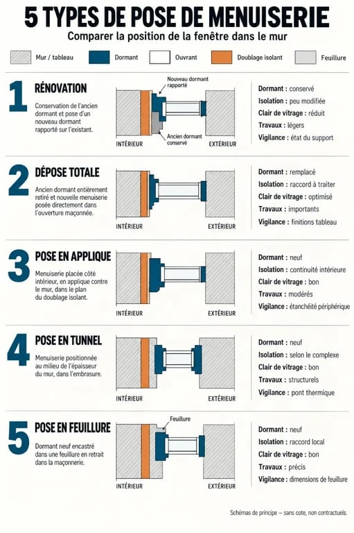 Infographie comparative des types de pose de menuiserie en rénovation, applique, tunnel et feuillure