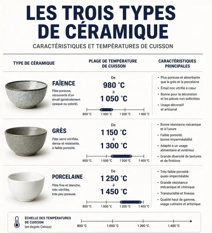 Tableau comparatif des températures de cuisson pour la peinture sur céramique : faïence, grès et porcelaine