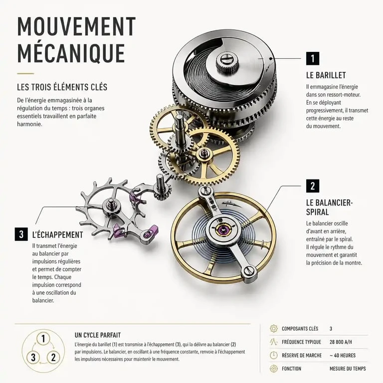Schéma illustrant le fonctionnement interne d'une montre mécanique et ses composants principaux