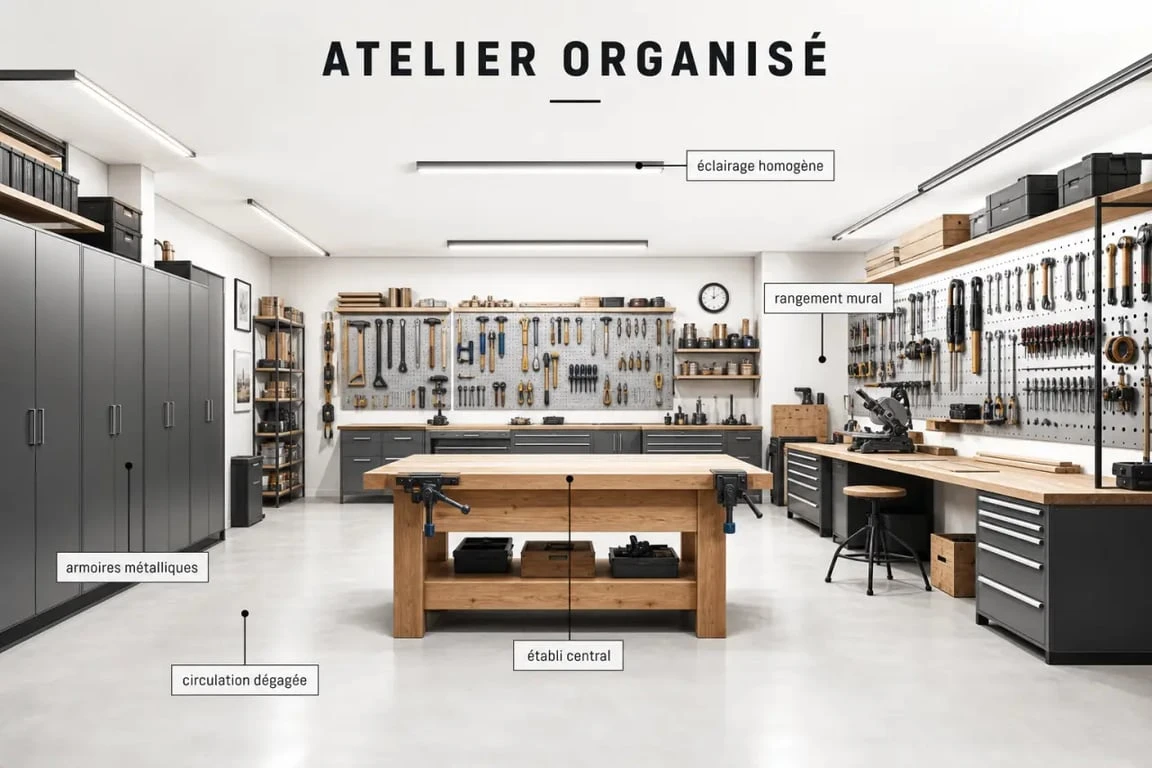 Aménagement atelier avec établi central et rangements muraux dans un espace bien organisé