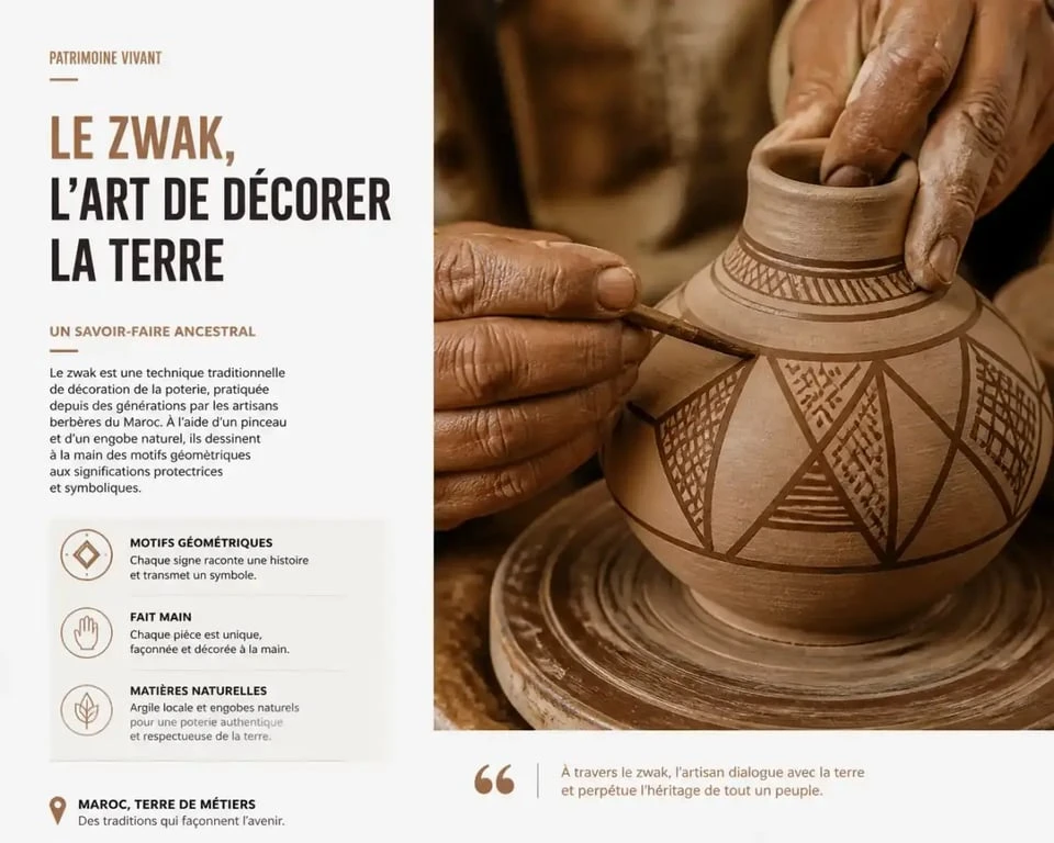 Artisan peignant à la main le zwak sur une poterie marocaine en argile