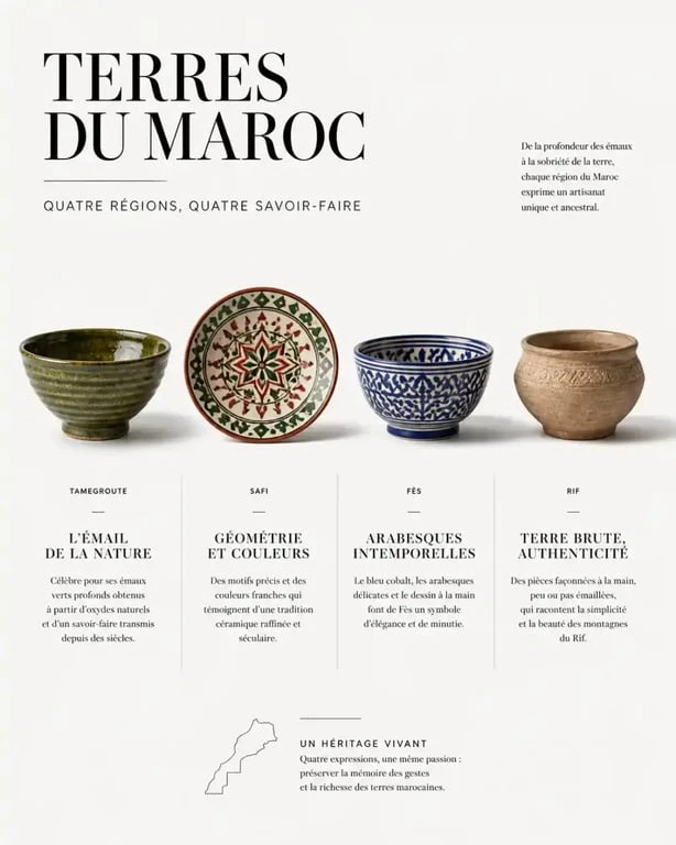 Poterie marocaine des quatre régions Tamegroute Safi Fès et Rif présentées côte à côte