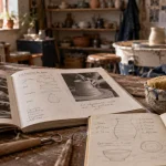 Livre poterie en atelier de céramique, manuel ouvert et schémas