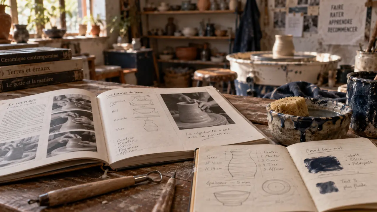 Livre poterie en atelier de céramique, manuel ouvert et schémas