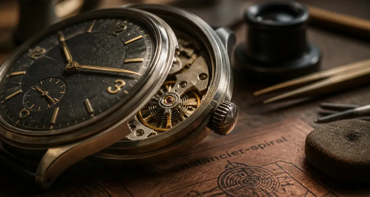 Montre mécanique : cadran et balancier-spiral, gros plan