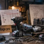 Outillage électrique professionnel : visseuse à chocs et meuleuse en atelier