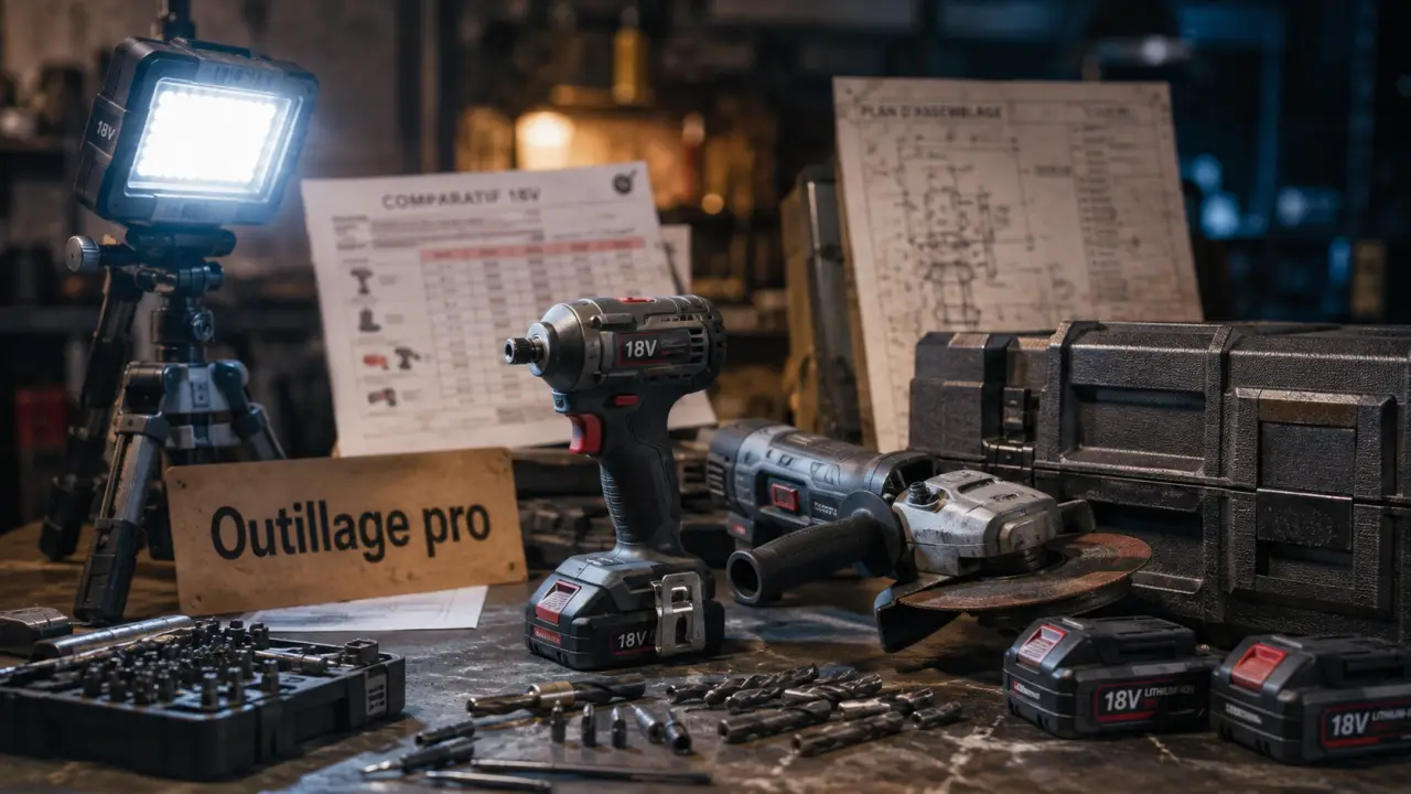 Outillage électrique professionnel : visseuse à chocs et meuleuse en atelier