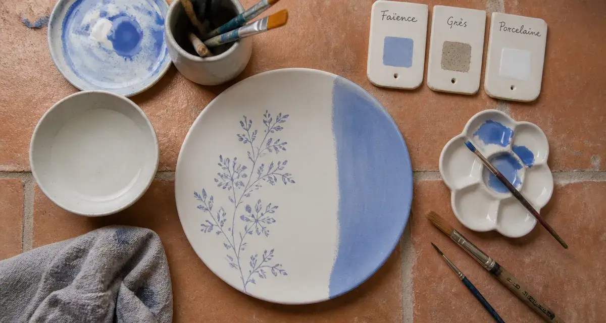 Peinture sur céramique : atelier vue de dessus, faïence et pinceaux
