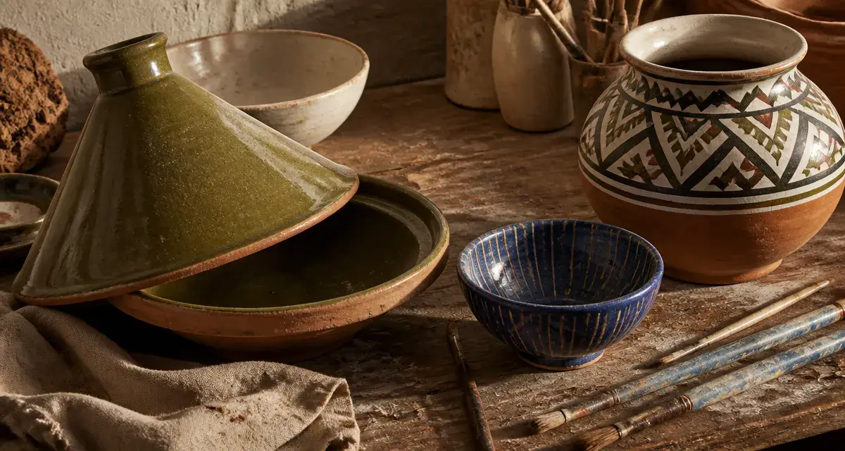 Poterie marocaine : tajine vert et bols bleus, artisanat marocain