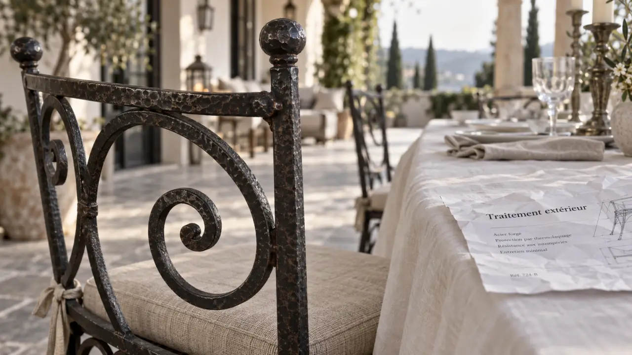 Chaise fer forge avec finition anti-rouille, métal patiné et coussin beige