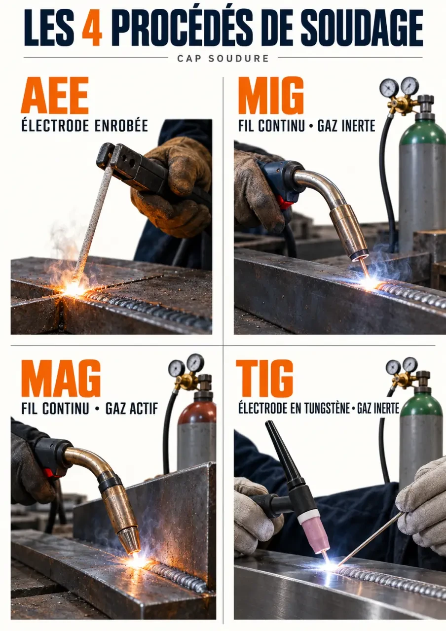 Infographie du CAP soudure présentant les procédés AEE, MIG, MAG et TIG