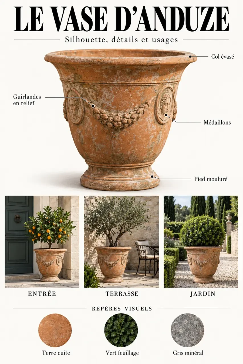 Poterie d’Anduze et Vase d’Anduze présentés selon trois usages au jardin, sur une terrasse et devant une entrée