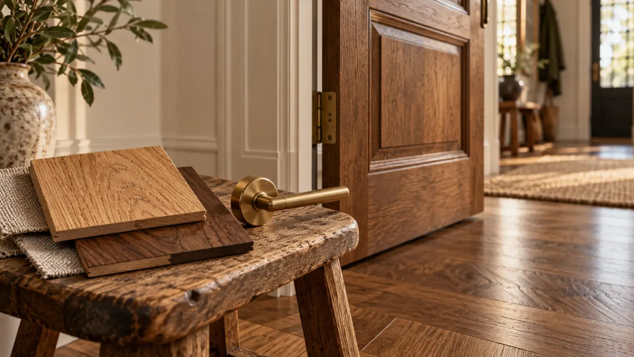 Portes en bois massif : porte en chêne naturel, finition laiton, vue de près.